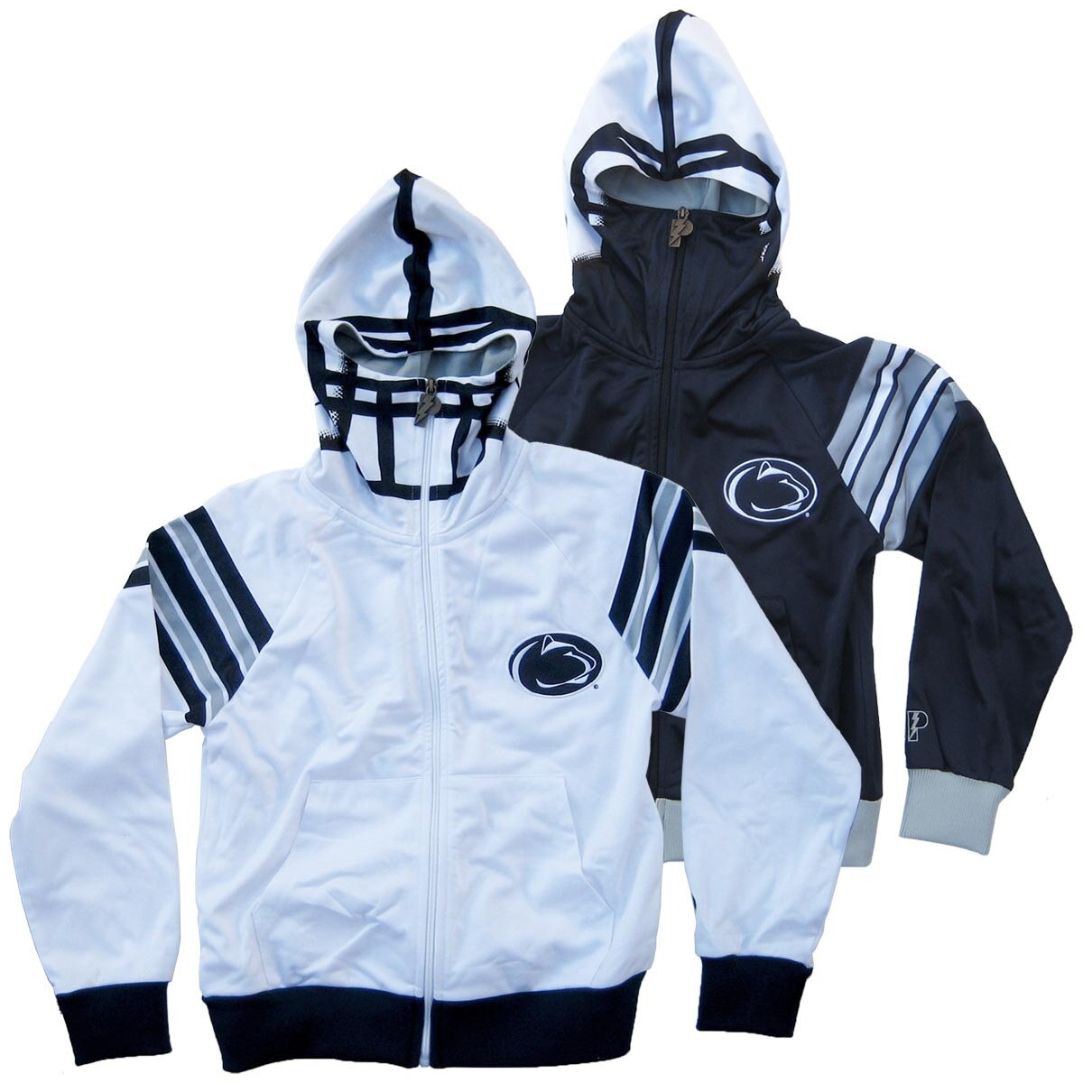 white and navy full zip youth hooded helmet sweatshirts with Penn State Athletic Logo on left chests